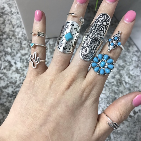 9 Piece Bohemian Turquoise Ring Set - Picture 4 of 8